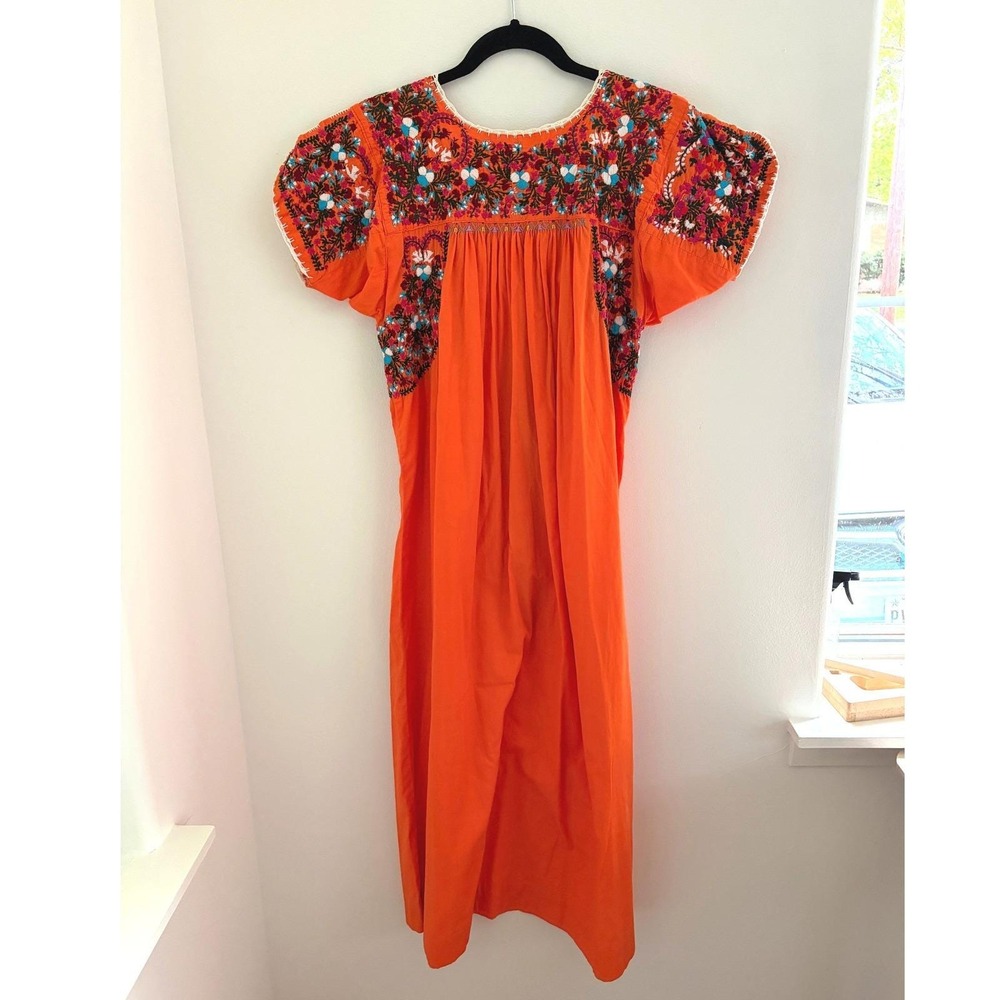 Vintage 70s Mexican Oaxacan Orange Embroidered Dress S/M Boho Folk Floral Midi - Picture 4 of 4